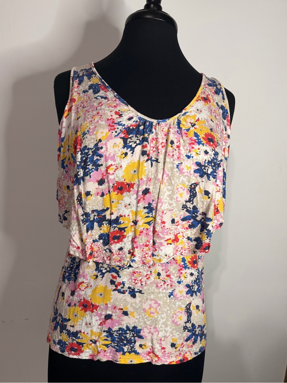 Old Navy Cream Floral Sleeveless Tank with Pink Yellow & Blue Accents